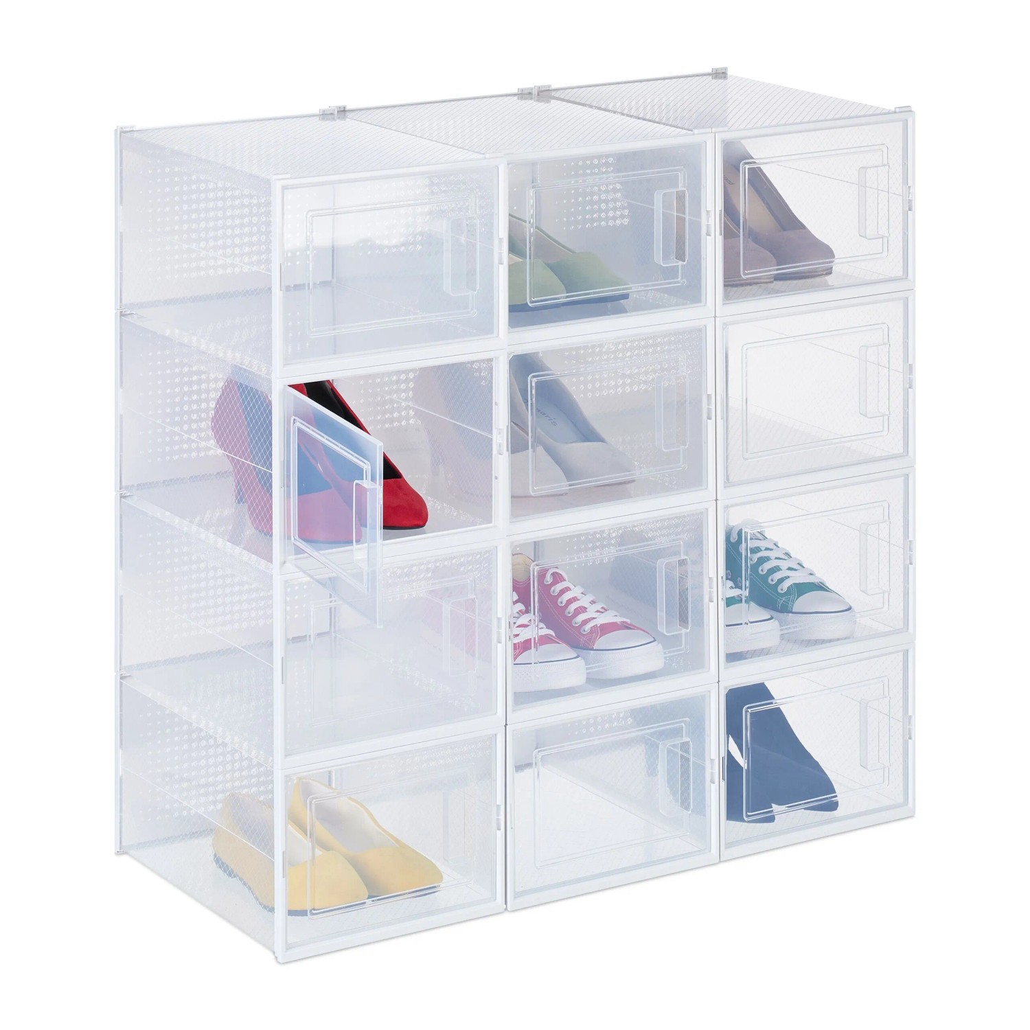 Relaxdays Schuhboxen 12er Pack Kunststoff Transparent Weiß Stapelbar 19,5 cm x 25 cm x 35 cm