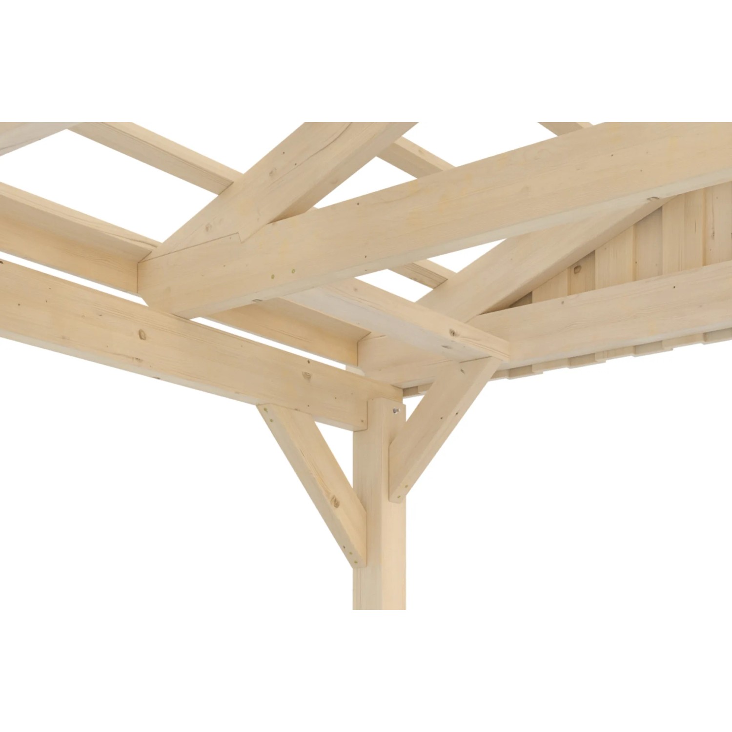Detailansicht Carport Fichtelberg: Holzkonstruktion mit Dachlattung und stabilen Pfosten.