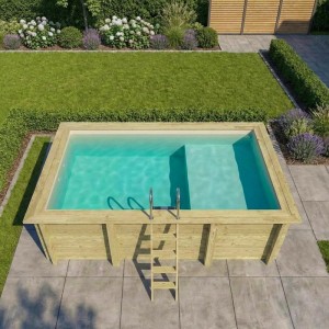ALTANKA Holzpool Aqua 4,65x2,85 Höhe 1,24 m SANDFARBEN mit Liegefläche mit am Beton Verschraubten Stützen BAS7306OSPL3+PLA306