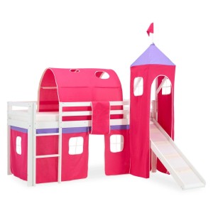 Weißes Kinderhochbett 90x200 mit pinkem Vorhang, Rutsche, Tunnel und Turm. Ideal als Spielbett.