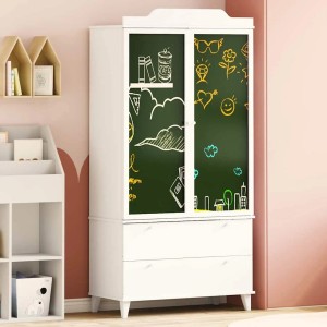 Weißer Kleiderschrank mit Kreidetafel-Front und Zeichnungen, zwei Schubladen. vidaXL