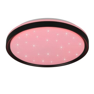 Schwarze, runde LED-Deckenleuchte Solit mit Sternenmuster und rosa Licht.
