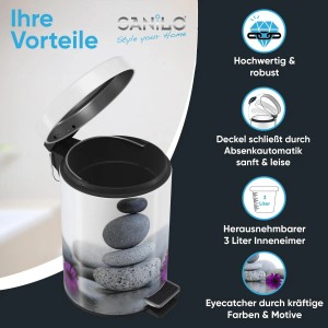 SANILO Kosmetikeimer Energy Stones mit Stein-Motiv und Pedal. Bad-Mülleimer mit 3 Liter Volumen.