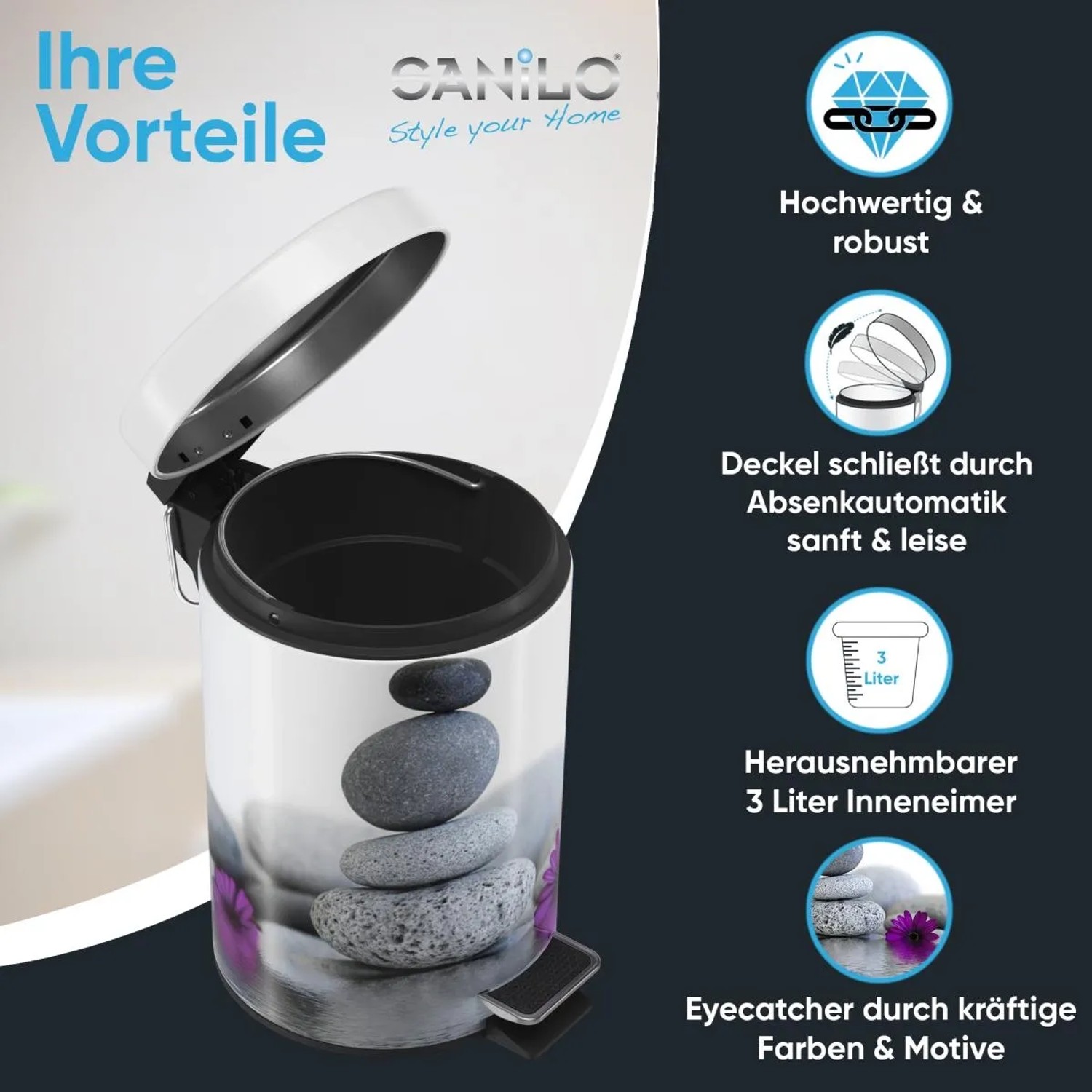 SANILO Kosmetikeimer Energy Stones mit Stein-Motiv und Pedal. Bad-Mülleimer mit 3 Liter Volumen.