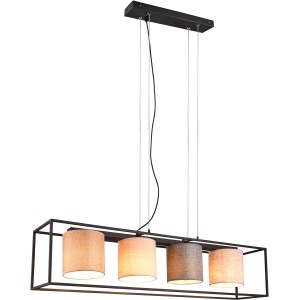 Schwarze Trio Pendelleuchte Ross mit 4 beigen Stoffschirmen für den Essbereich.