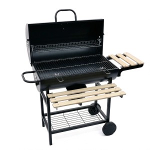 Schwarzer Holzkohlegrillwagen aus Stahl mit Kiefernholz-Ablagen, Deckel, Thermometer und Rädern für Garten & BBQ.
