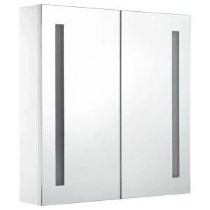 vidaXL LED-Spiegelschrank, 60x14x62 cm, weiß/silbern, mit zwei Türen und LED-Leuchten.