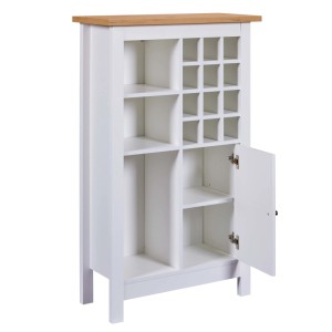 Weißer Weinschrank Julina mit Fächern für Flaschen und Gläser, teilweise mit Tür.