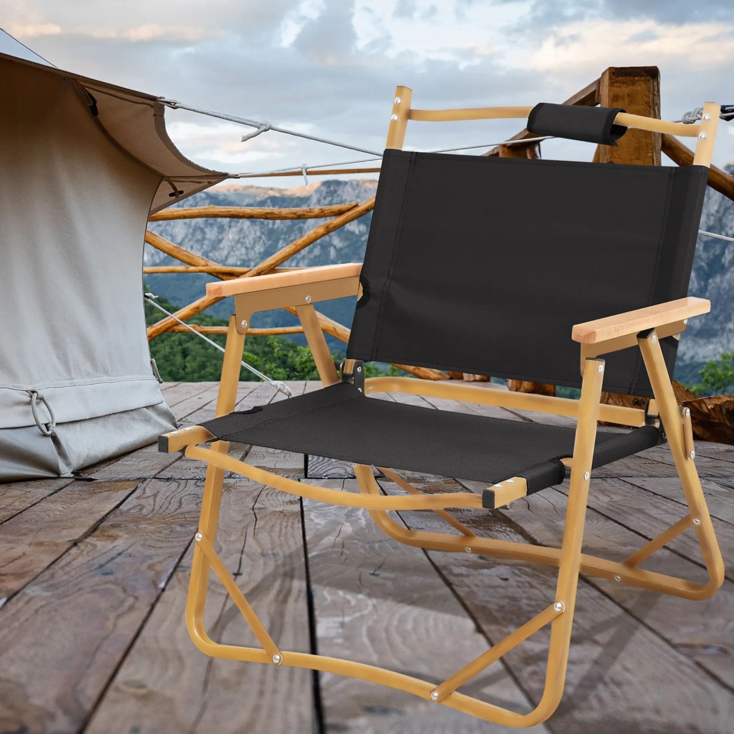 Jawinio Campingstuhl, faltbar, mit Holzarmlehnen, schwarz. Ideal für Camping und Outdoor.