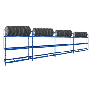Blaues PROREGAL Reifenregal Mega Deal mit Reifen auf zwei Ebenen. Ideal für Garage und Werkstatt.