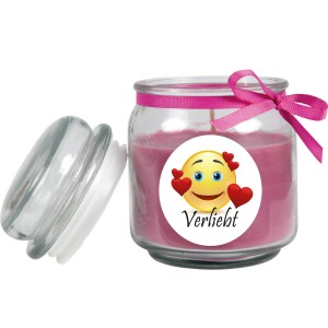 Lila HS Candle Duftkerze im Glas mit Herzen und "Verliebt" Emoji. Romantische Kerze.