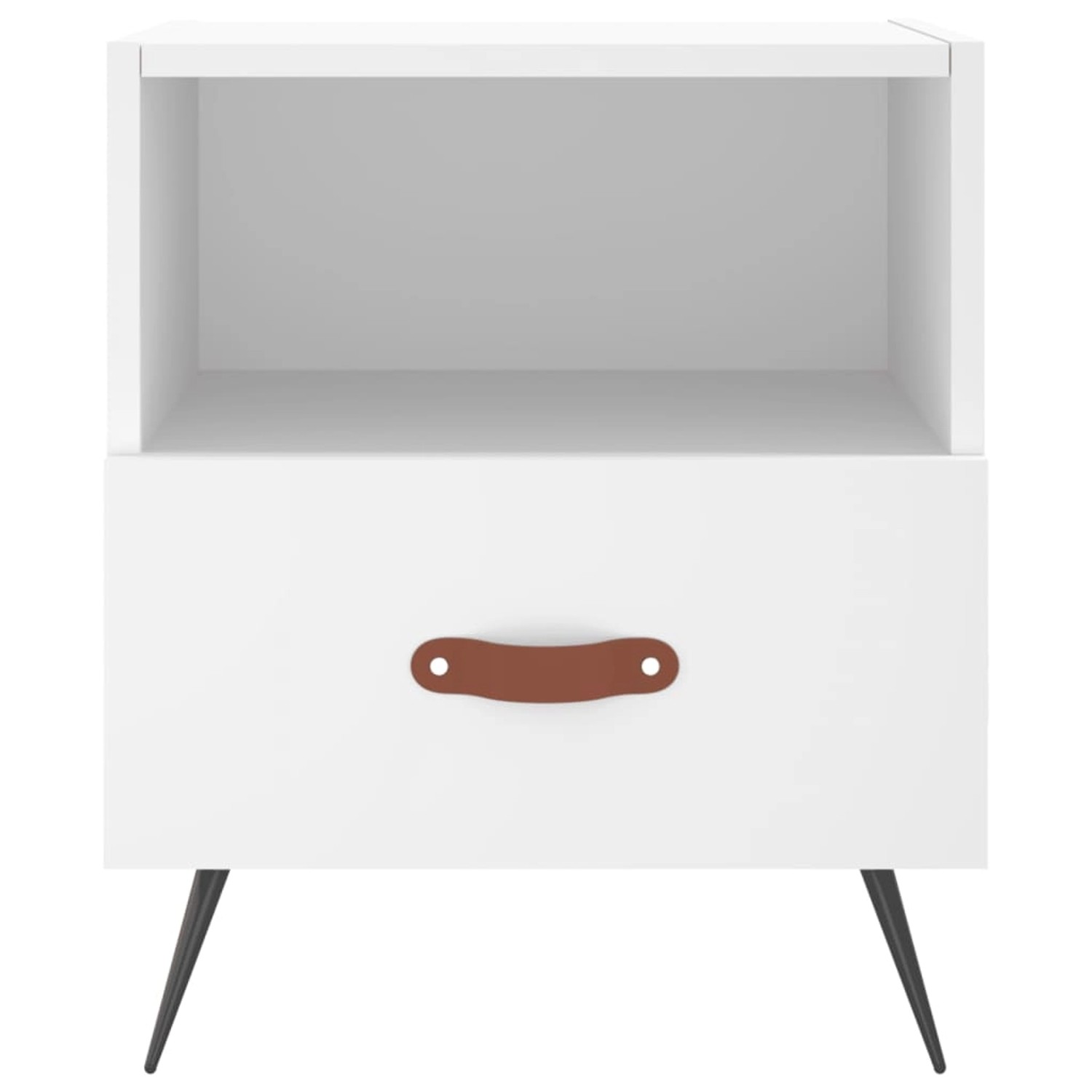 Zwei weiße Nachttische aus Holzwerkstoff mit Schublade und Ablagefach. Modell 8.