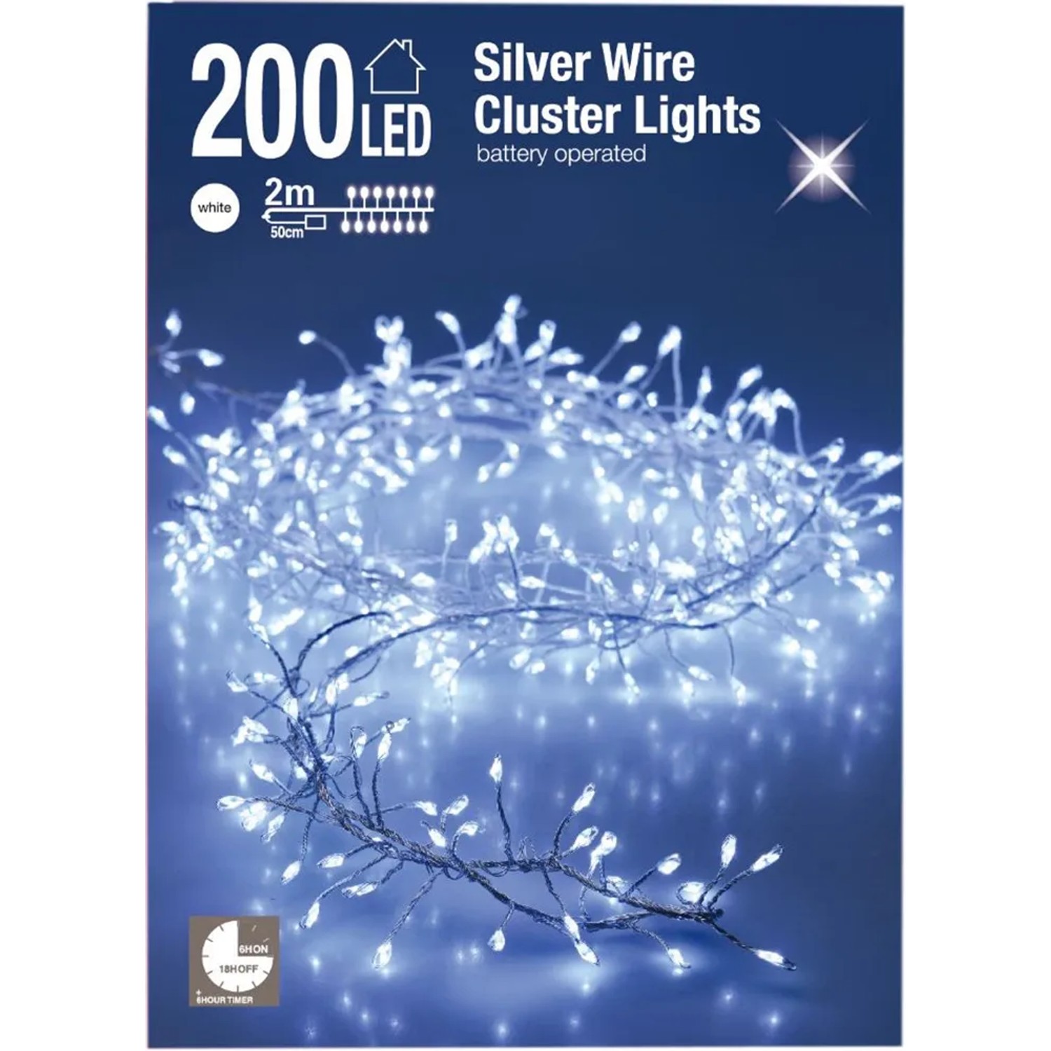 LED Lichterkette Cluster mit 200 kaltweißen LEDs und Silberdraht für den Innenbereich.