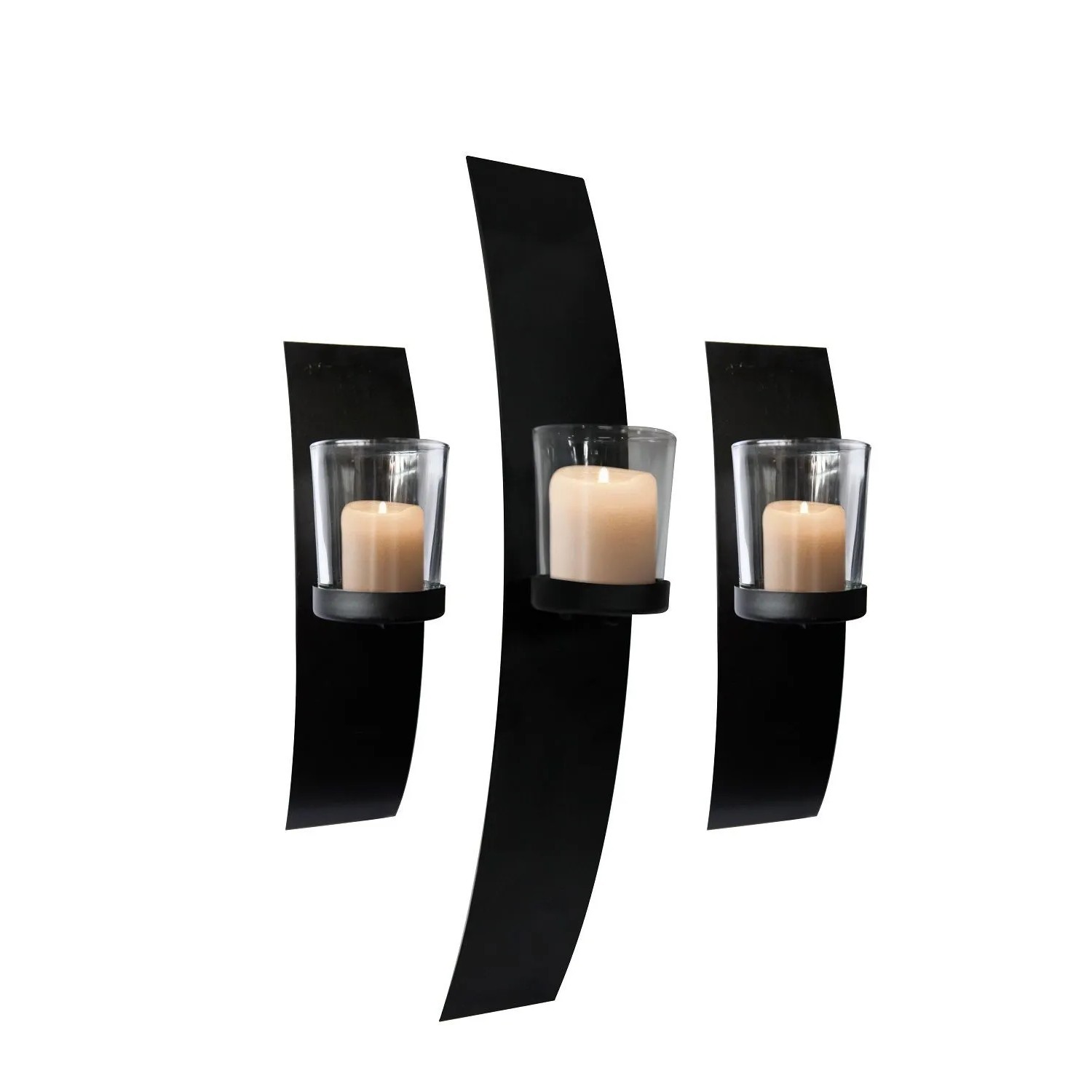 Lex 3er Set Wandkerzenhalter Metall mit Glas Kerzenhalter Wanddeko Wandlicht Schwarz