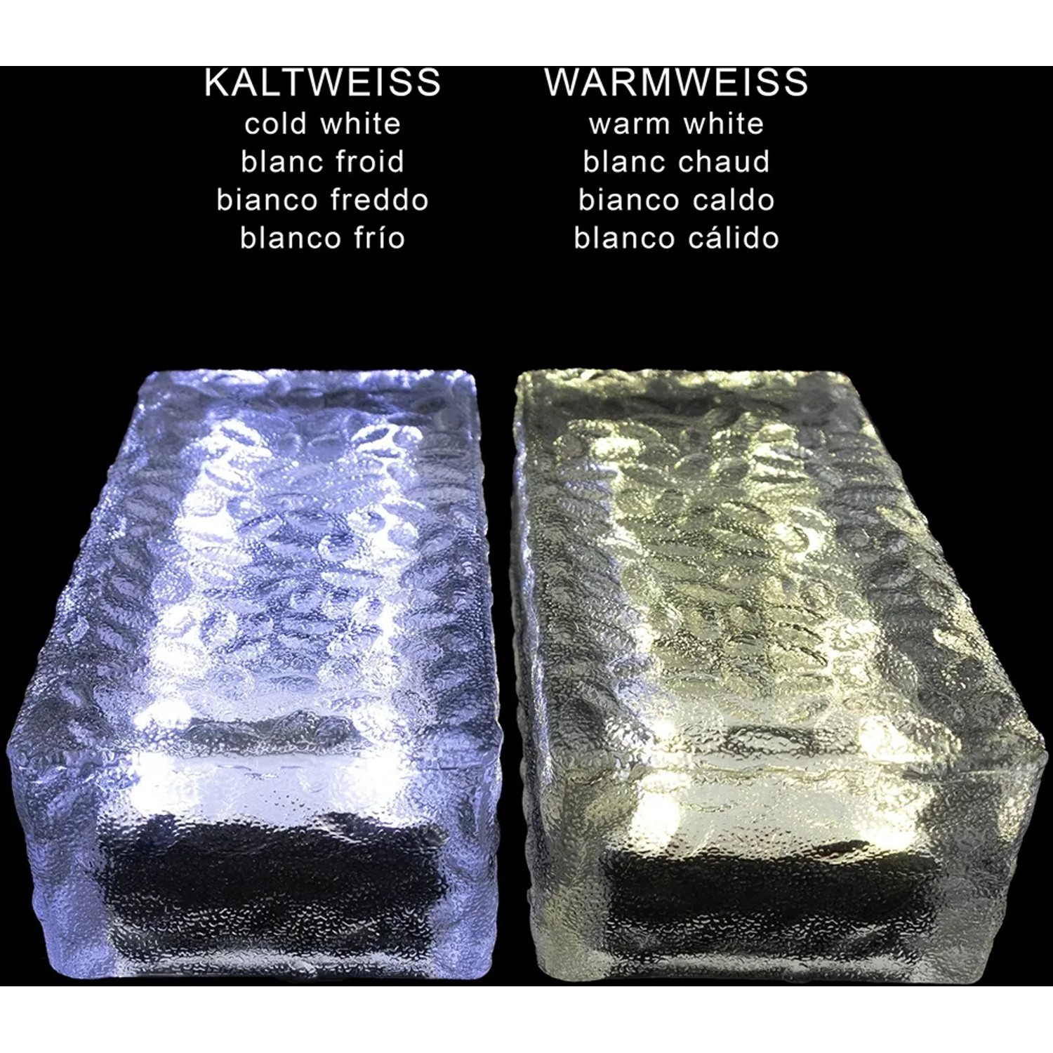 Fuchs Solar Pflastersteine, kaltweiß und warmweiß im Vergleich.
