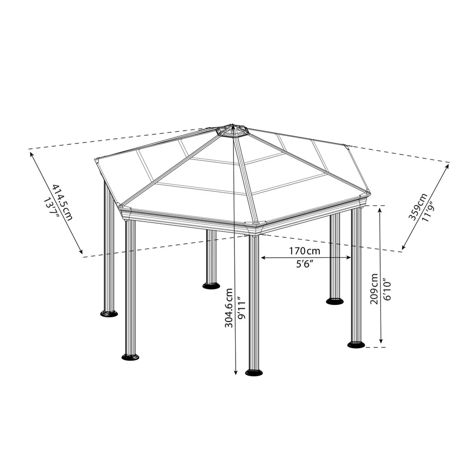 Technische Zeichnung: Palram Canopia Gartenpavillon Roma 4.1 x 3.6 in Anthrazit mit Maßangaben.