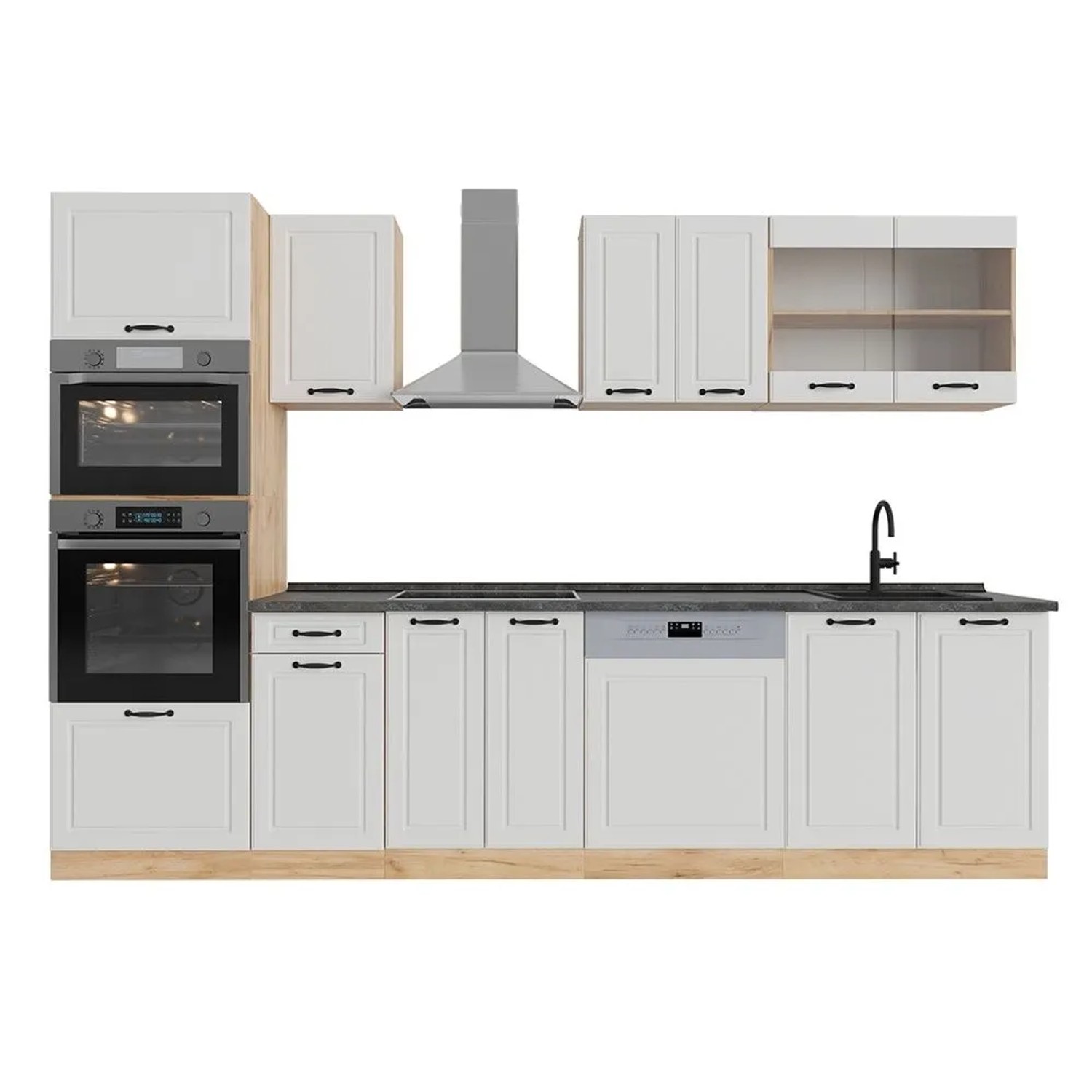 Vicco R-Line Küchenzeile Weiß Landhaus Goldkraft Eiche 300 cm mit Hochschrankohne Arbeitsplatte ohne E-Geräte