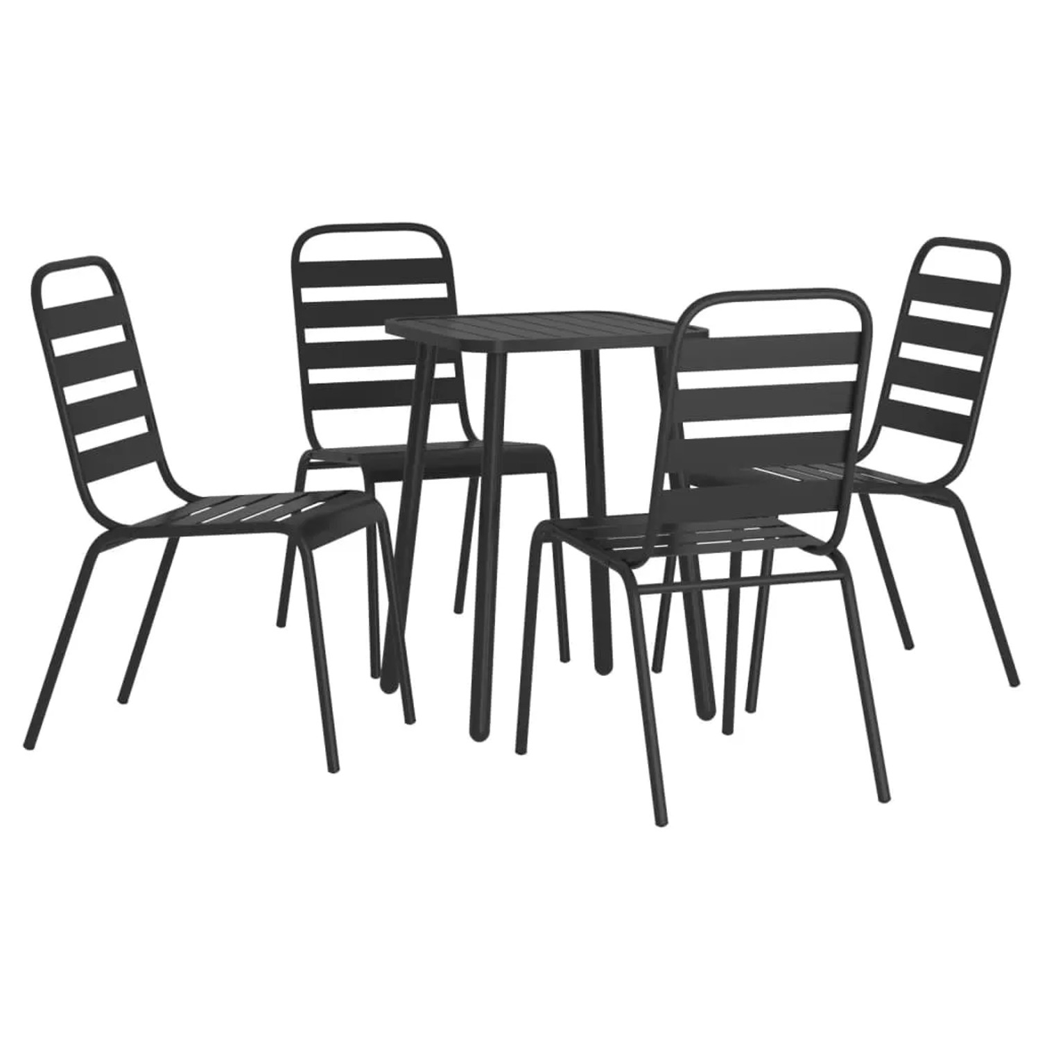 Anthrazitfarbene 5-tlg. Garten-Essgruppe aus Stahl mit Tisch und vier Stühlen.