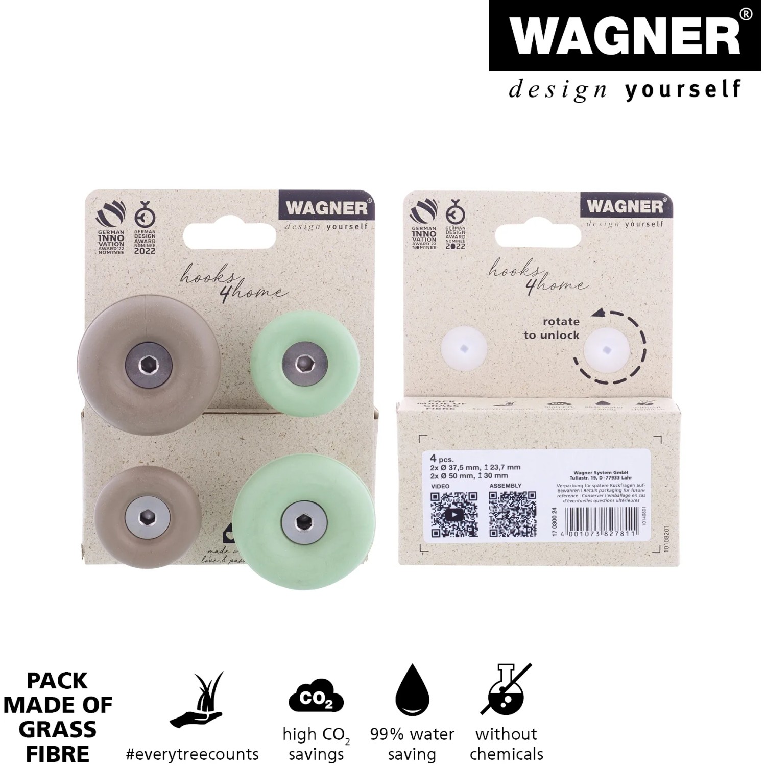 Wagner Wandhaken-Set Dot, 4-teilig in Taupe und Pastellgrün. Runde Haken zur Wandmontage.
