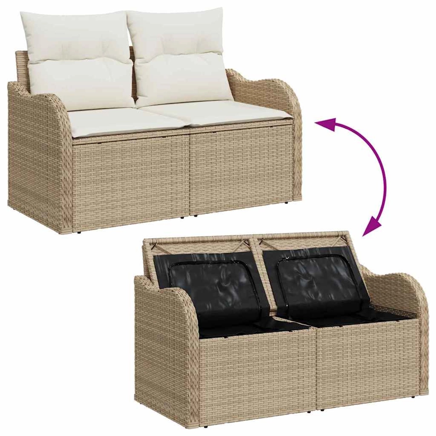Beiges 7-tlg. vidaXL Garten-Sofa-Set aus Rattan mit Stauraum.