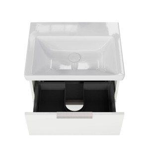 Steinkamp Waschtischunterschrank Living 2.0 mit Villeroy & Boch Waschbecken, schneeweiß glänzend, ein Auszug geöffnet.