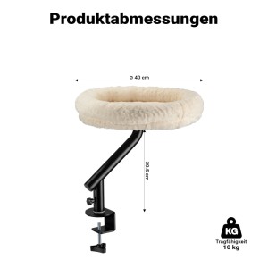 Beiges Fudajo Katzenbett mit Plüsch, 40 cm Durchmesser, zur Schreibtischbefestigung per Klemme, 10 kg Tragkraft.