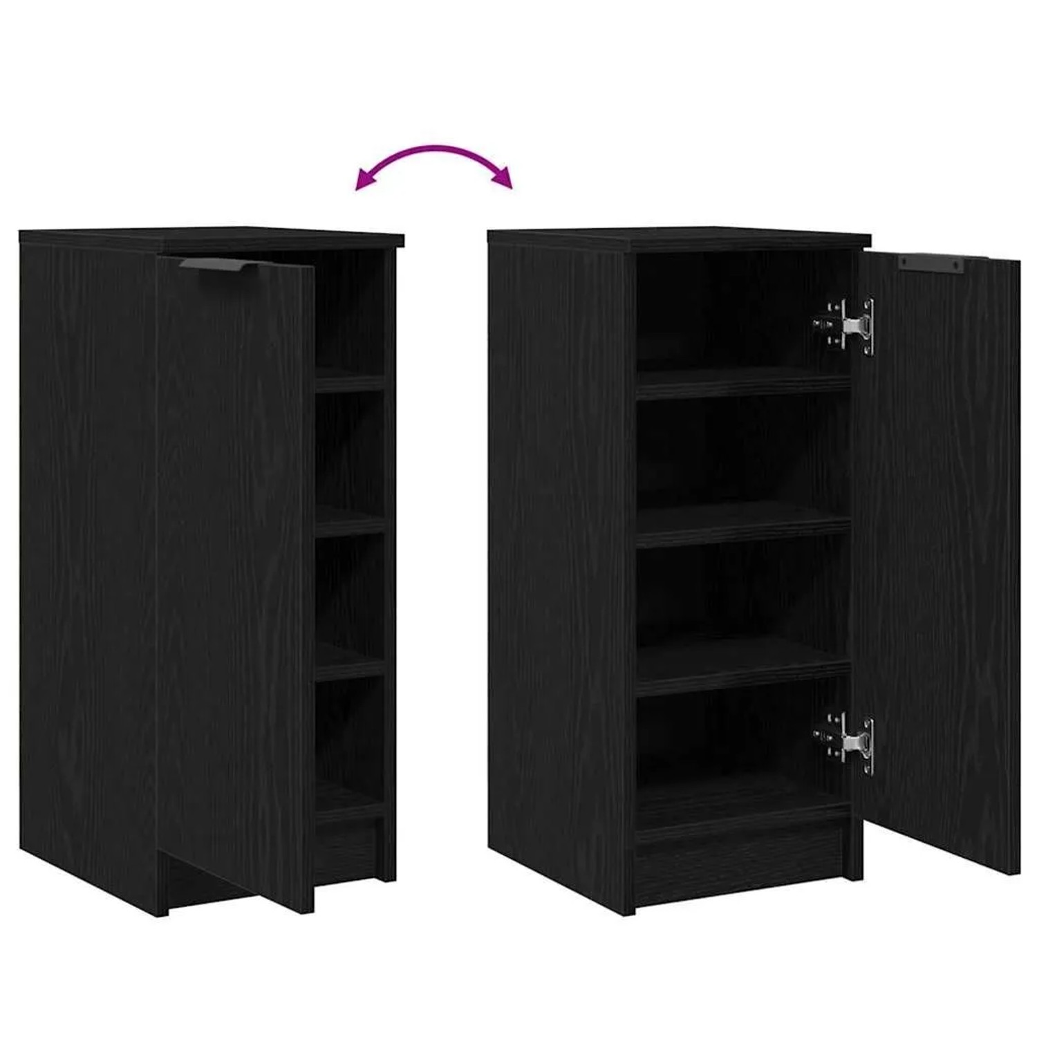 vidaXL Schuhschrank, schwarz, Eichen-Optik, mit Regalen, Tür geöffnet und geschlossen.