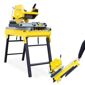 Gelbe BAMATO STRM-355 Steintrennmaschine, aufgebaut und zusammengeklappt. Robuste Baumaschine für präzise Nassschnitte.