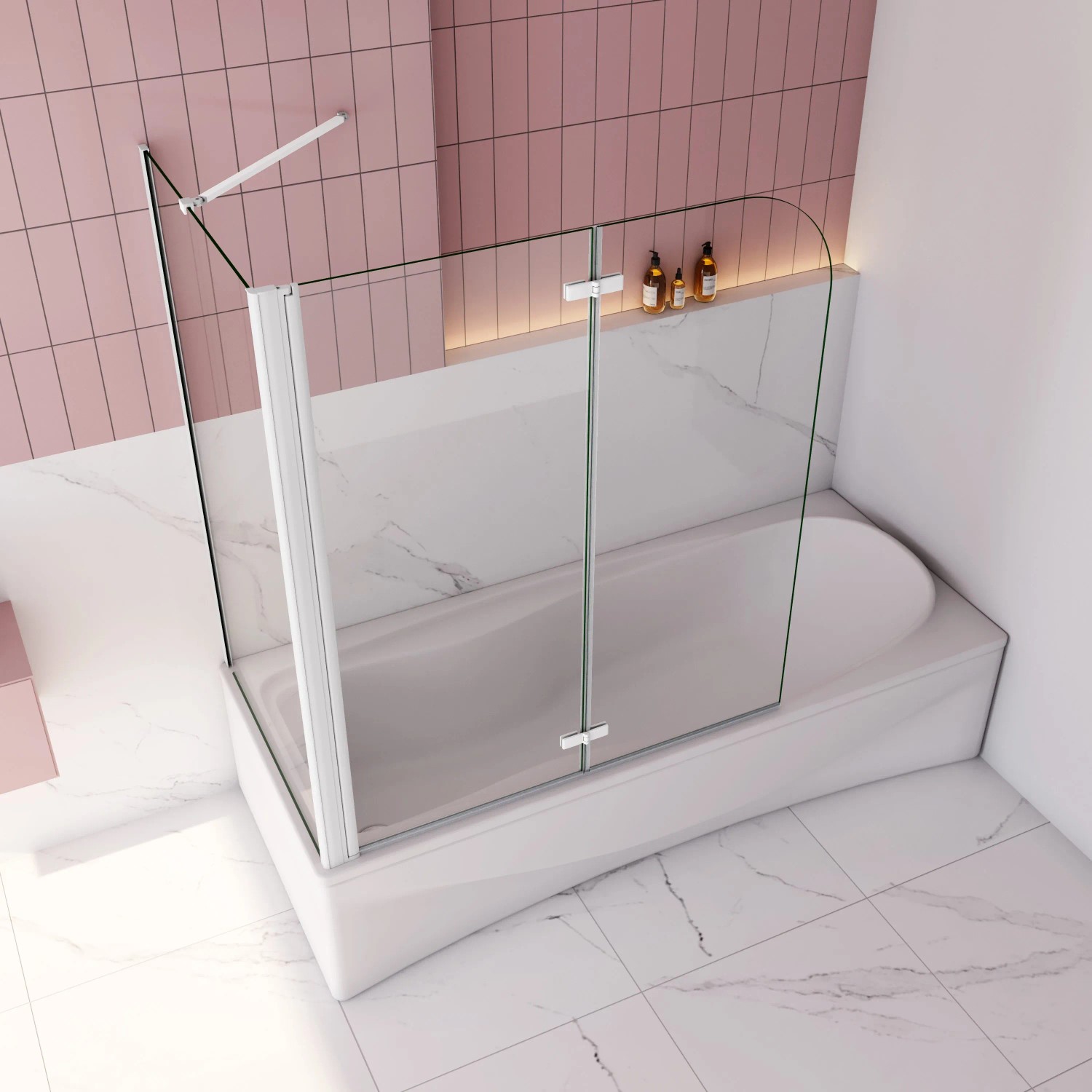 AICA Badewannenaufsatz, 2-teilige Faltwand mit Seitenwand, 6mm Nano-ESG Glas, weiße Dusche.