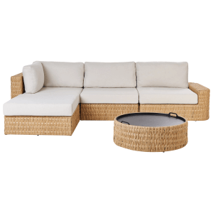 Beliani Lounge Set OLIVERI, beige, naturfarben, mit Rattansofa, Ottomane und Couchtisch für den Garten.