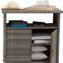 Grauer Outdoor-Schrank Vermont aus Polyrattan mit Regalen und Stauraum für Gartenutensilien.
