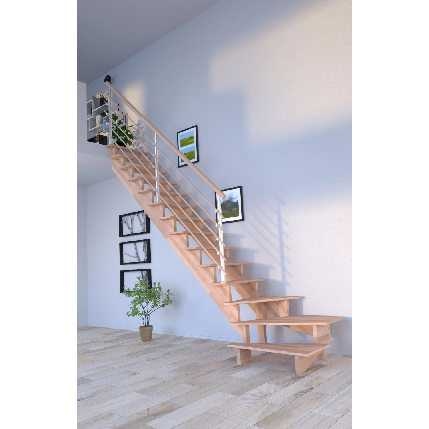 Gewendelte Buchenholztreppe Lindos mit Design-Geländer und Holzstäben, 100 cm breit.