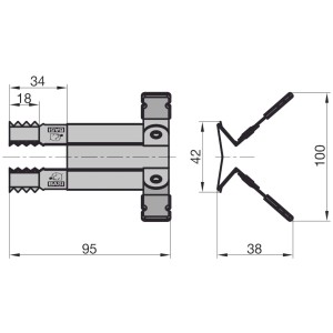 Technische Zeichnung der Basi Rollladenklemme RK 100, 4er-Set, zur Sicherung mechanischer Rollläden.