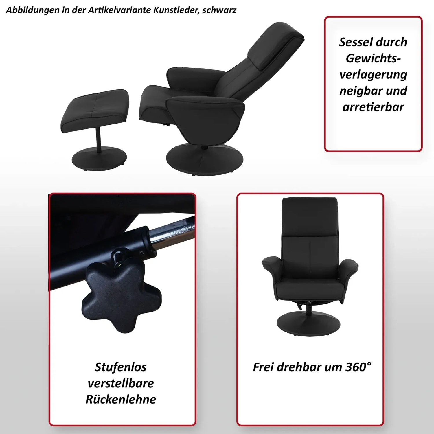 Schwarzer Relaxsessel Stockholm aus Kunstleder mit Hocker, drehbar und verstellbar.