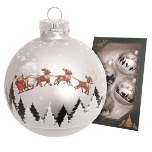 Silberfarbene 7cm Weihnachtskugel aus Glas mit Weihnachtsmann, Rentieren und Tannenbäumen. 4er-Set.