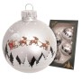 Silberfarbene 7cm Weihnachtskugel aus Glas mit Weihnachtsmann, Rentieren und Tannenbäumen. 4er-Set.