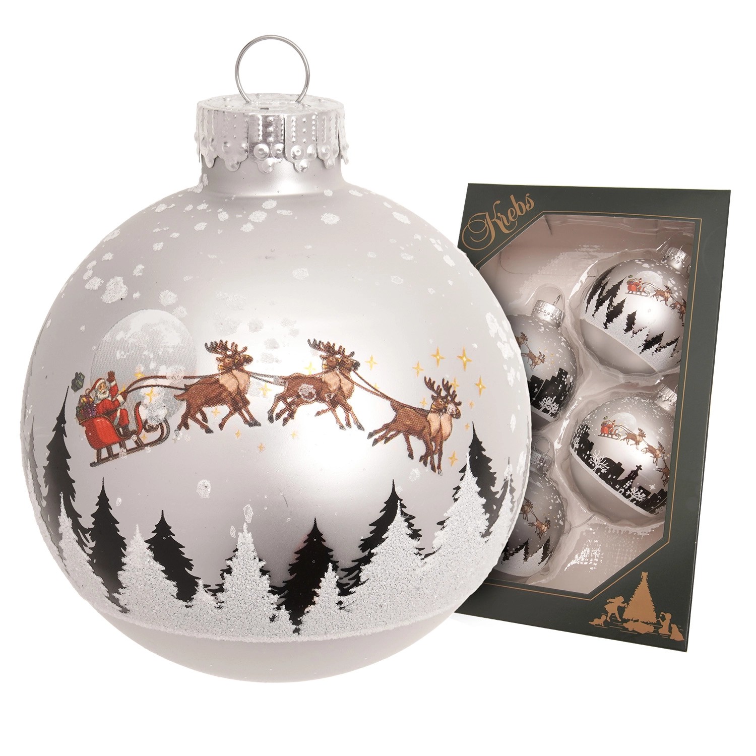 Krebs Glas Lauscha Weihnachtskugeln Santa mit Rentieren Silberfarbig 7cm