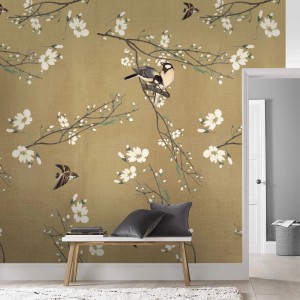 Art for the Home Fototapete Japan mit Blüten und Vögeln auf goldenem Grund.