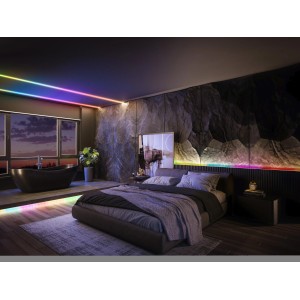 Schlafzimmer mit Ledvance LED-Streifen Smart WiFi Flex COB 22 W Magic RGB, der farbiges Licht spendet.