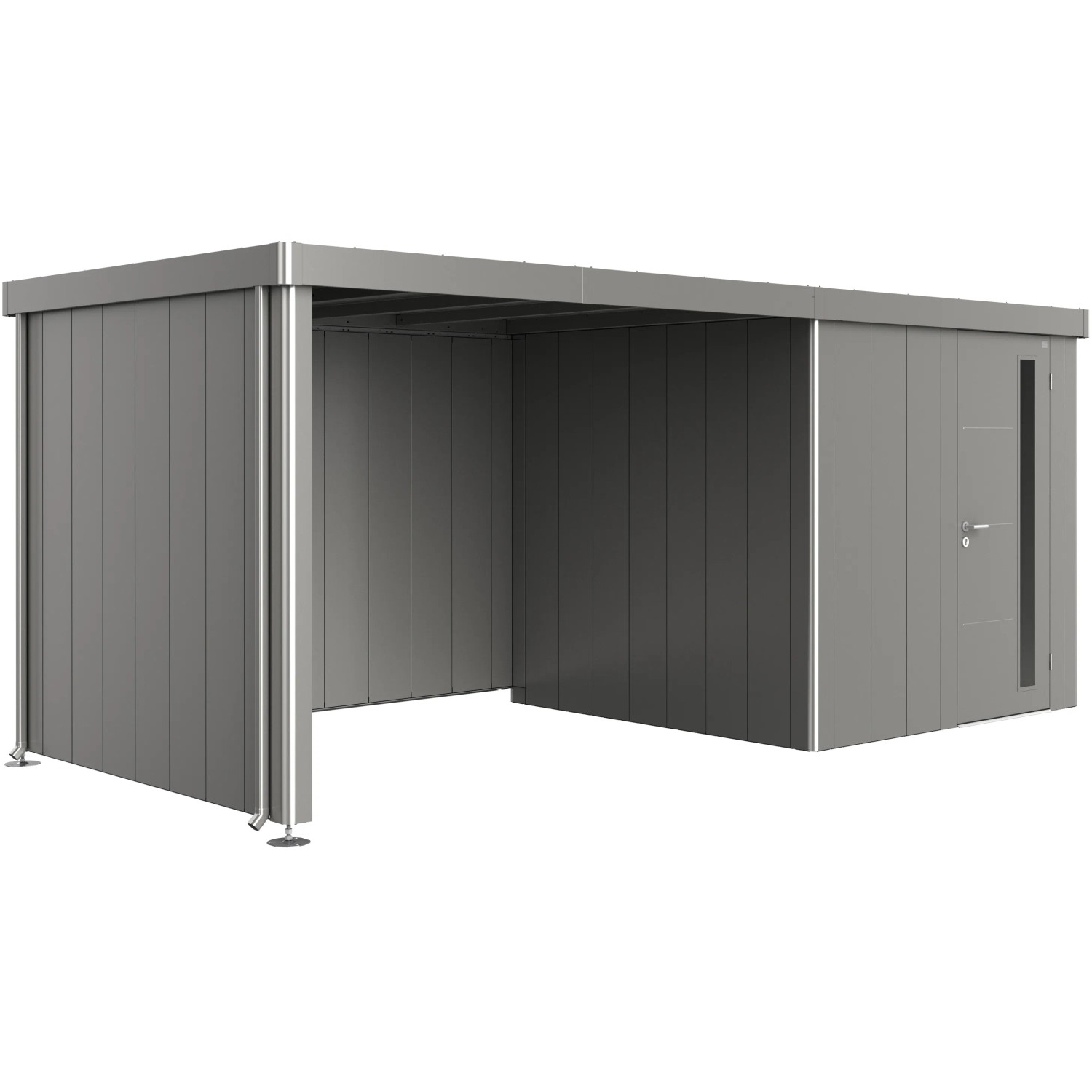 Biohort Seitendach Quarzgrau-Metallic für Gerätehaus Neo, Metallüberdachung mit Stützen und Regenfallrohren.