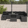 Schwarzes 9-teiliges Garten-Sofa-Set aus Poly Rattan mit höhenverstellbarem Tisch.