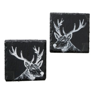 Boltze Untersetzer Moritz, 2er Set, Schiefer, Hirschmotiv in Schwarz und Weiß.