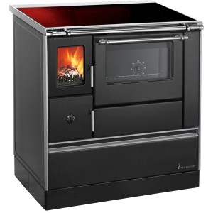 Schwarzer Westminster Küchenofen K 176 FA-90 rechts mit Backofen und Kochplatte.