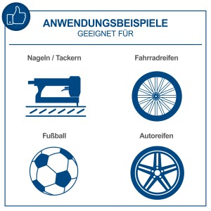 Anwendungsbeispiele für Scheppach Kompressor: Tackern, Fahrradreifen, Fußball, Autoreifen.