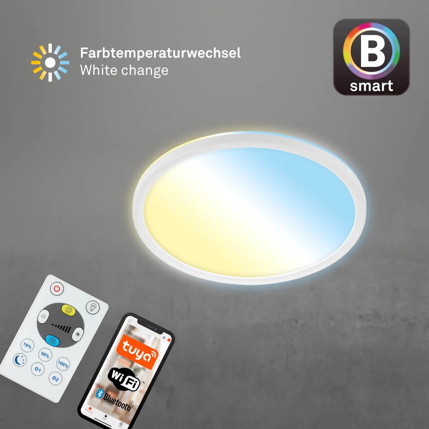 Brilo WiFi Deckenleuchte Slim Smart mit App, Fernbedienung und Farbtemperatursteuerung.