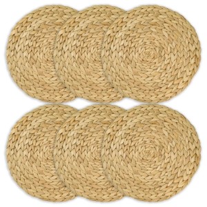 Sechs runde, geflochtene Platzsets aus Wasserhyazinthe, hellbraun, 30 cm Durchmesser, abwaschbar.