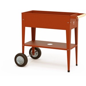 Rotes Kräuterhochbeet Urban (75x35cm) aus Metall mit Ablage und Rädern.