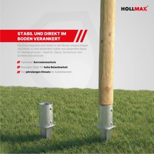 HOLLMAX Pfostenträger Einschlaghülse verzinkt für 81mm Rundpfosten im Gras, eine mit Holzpfosten.