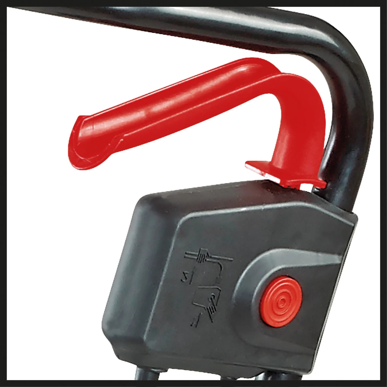 Detailaufnahme: Einhell GC-RT 1545 M Elektro-Motorhacke, roter Sicherheitsschalter und Griff.
