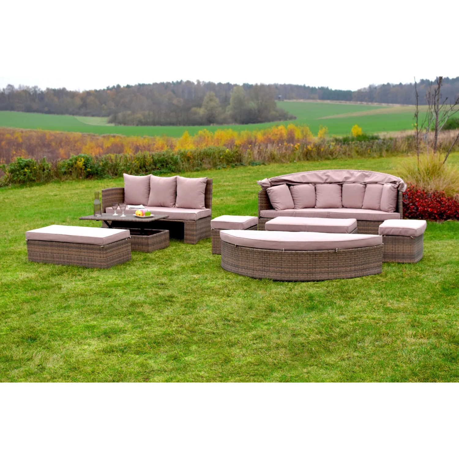 Merxx Riva-Insel mit Erweiterung: Lounge-Gartenmöbel mit Tisch, Bänken und Liegefläche im Garten.